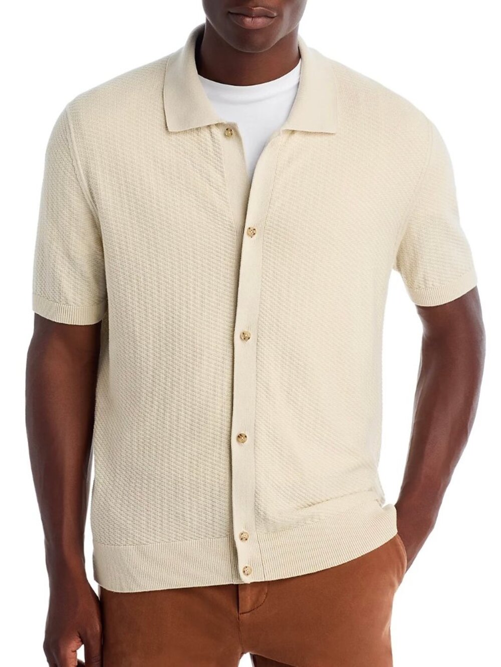Hugo Boss Men's BOSS Iseppo Button Front Textured SS Sweater Shirt Open White